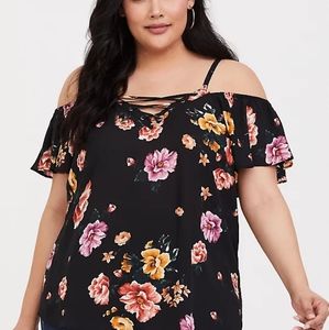 BLACK FLORAL GEORGETTE COLD SHOULDER BLOUSE